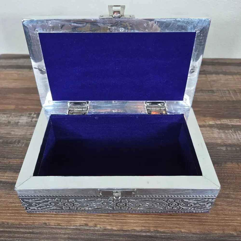 Silver Plated Butterfly Floral Design Jewelry Box with Purple Velvet Lining